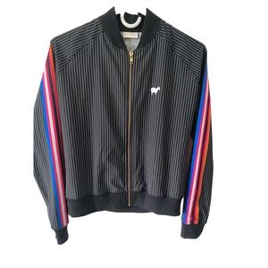 GOLDSHEEP Women's Track Jacket Black Stripes Multicolor Sleeves Size XS